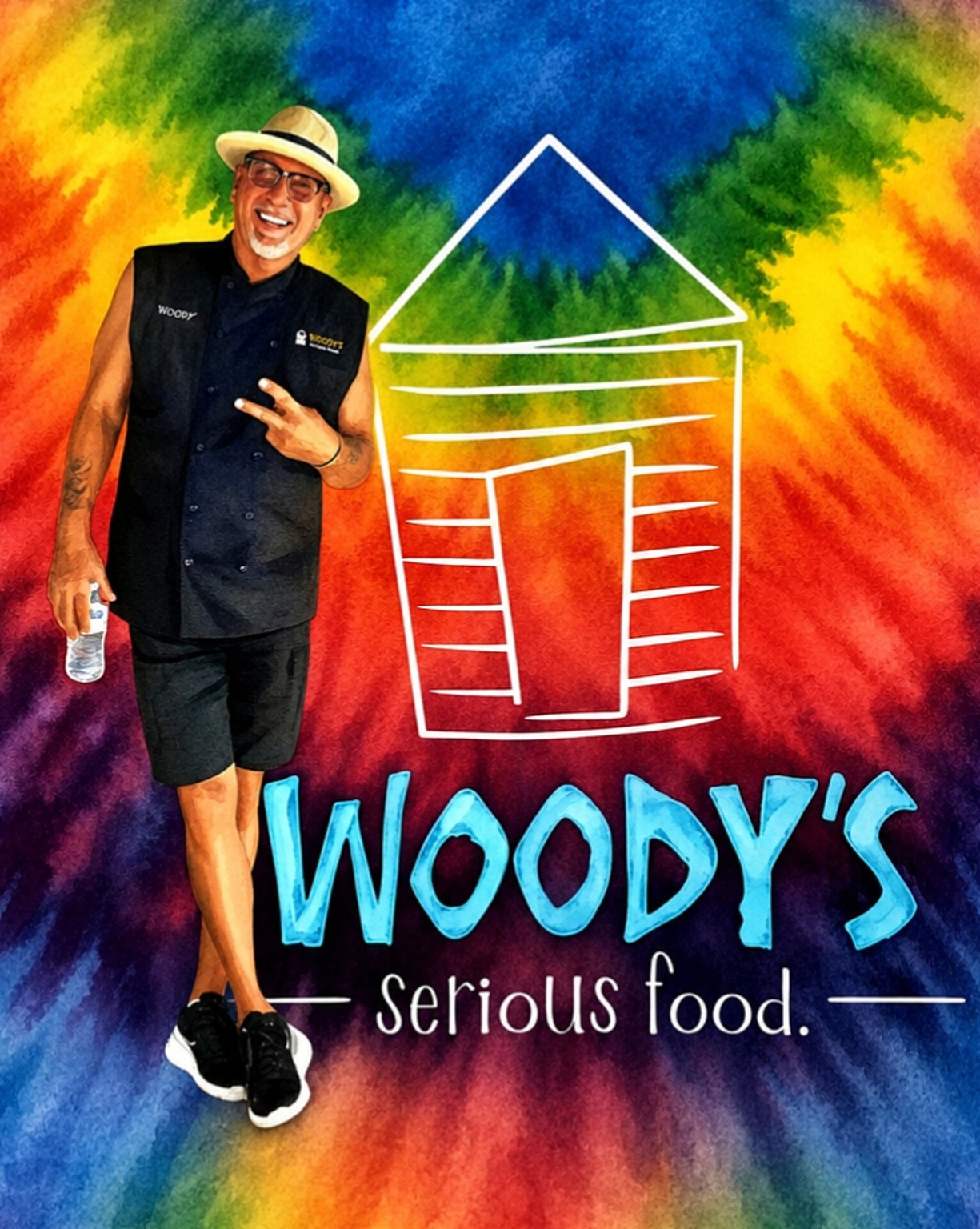 Woody with the Woody’s Serious Food logo